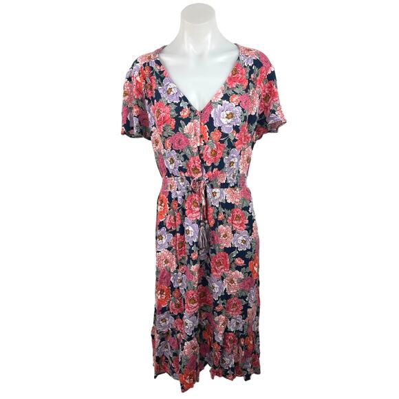 Knox Rose Multicolor Floral V-neck Button Short Sleeve Tie Waist Midi Dress XXL - Picture 1 of 4